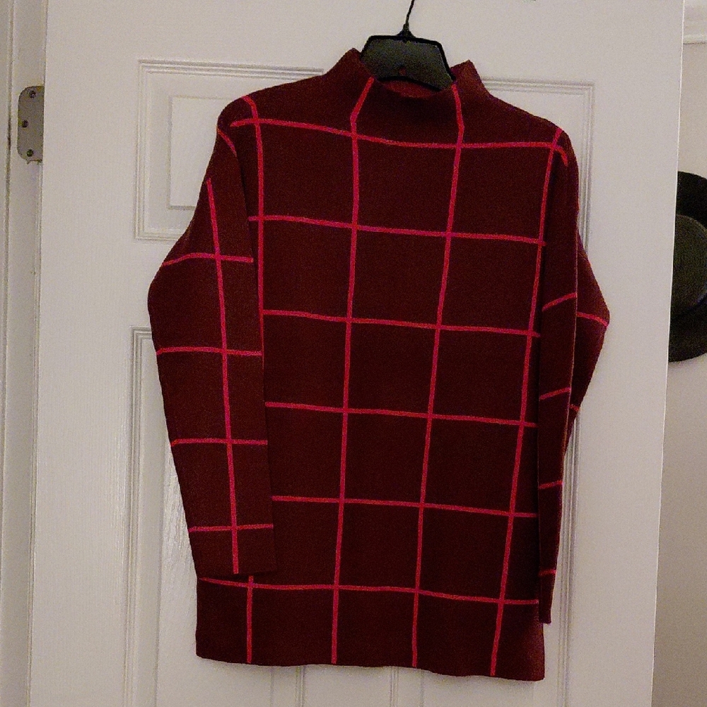 LOFT Burgundy and Pink Grid Sweater